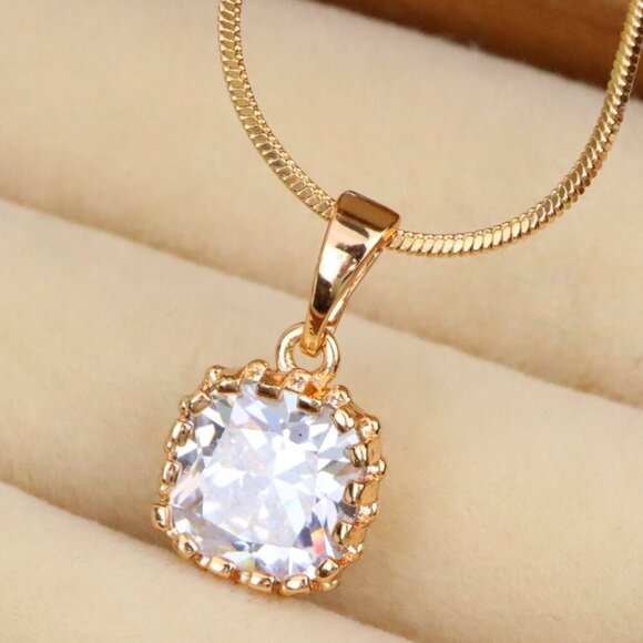 "Rose Gold Pendant with Clear Cushion-Cut Stone in Classic Setting, XPPT1491 - Picture 1 of 13
